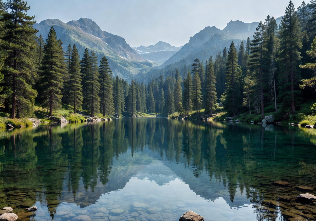 Alpine lake surrounded by pine forest and distant mountains