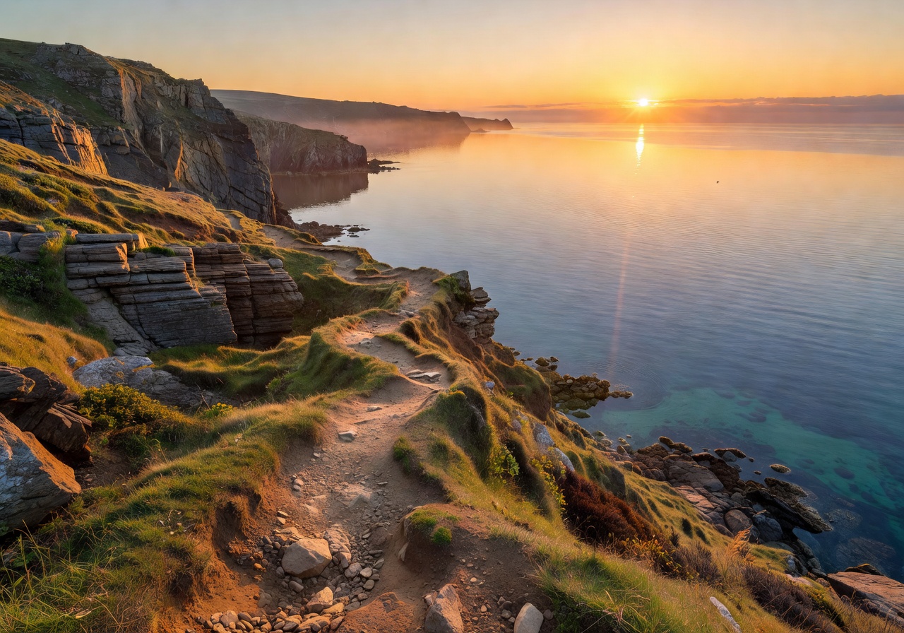 Coastal cliff path overlooking a calm bay at golden hour