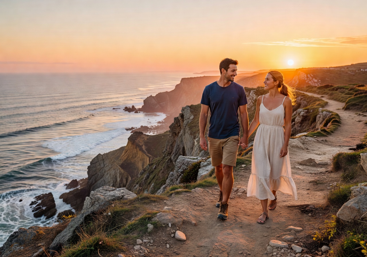 Couple walking on a coastal path at golden hour