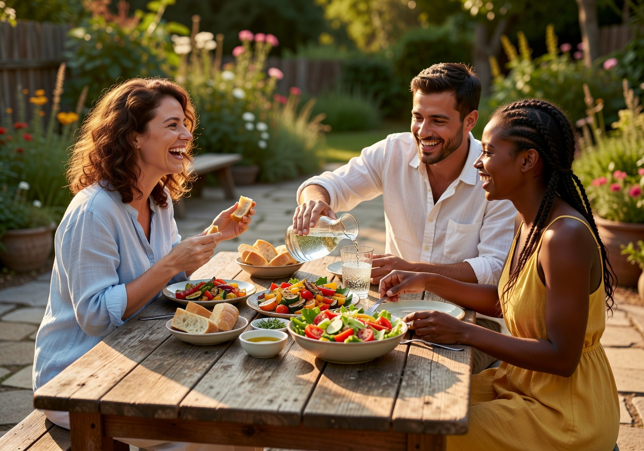 Friends sharing a meal at a wooden table outdoors