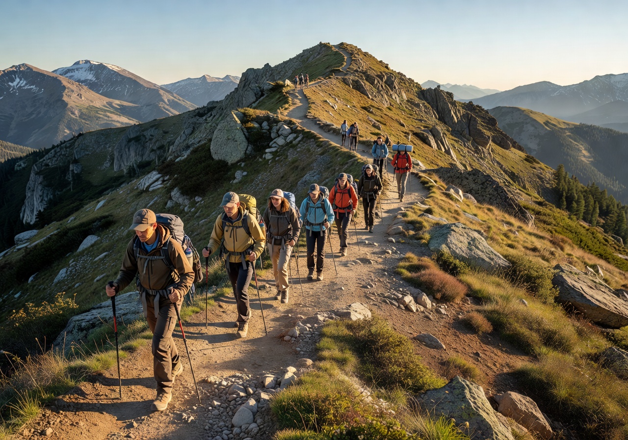 Guided group walking along a mountain ridge trail