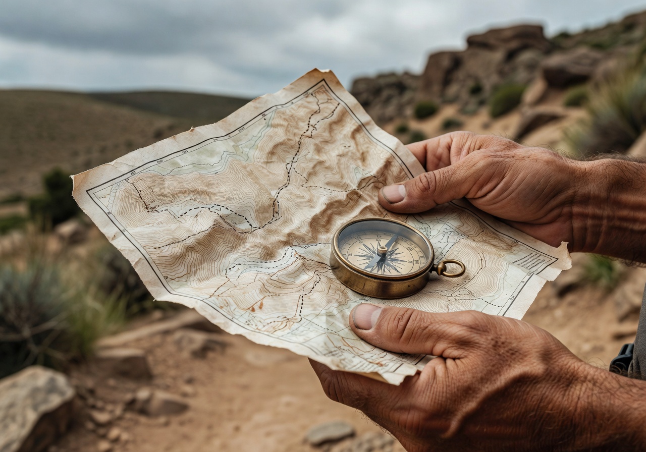Hands holding a paper trail map and compass
