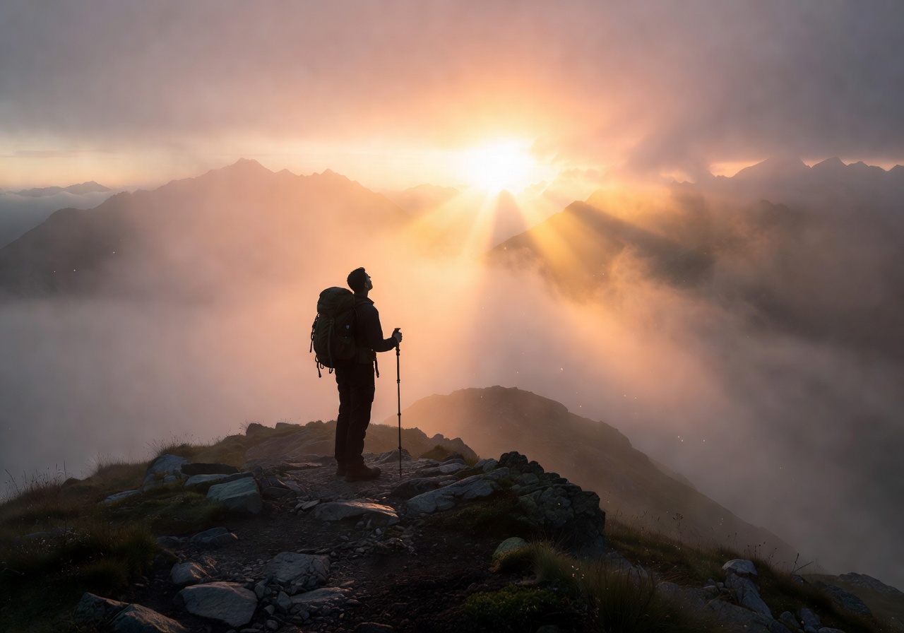 Hiker silhouetted against a misty mountain sunrise
