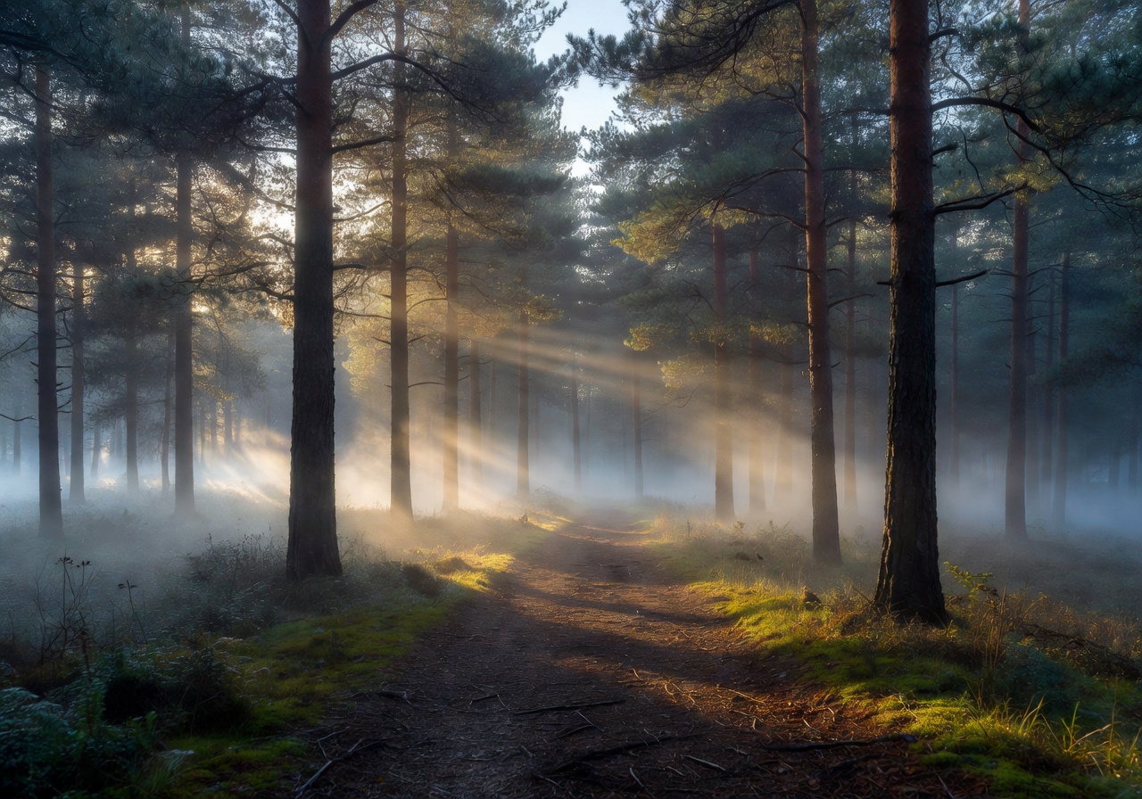 Misty forest trail at dawn with sunlight breaking through pine trees