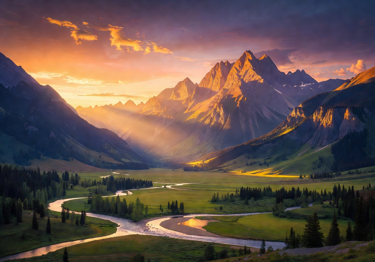 Mountain valley with golden light at sunset