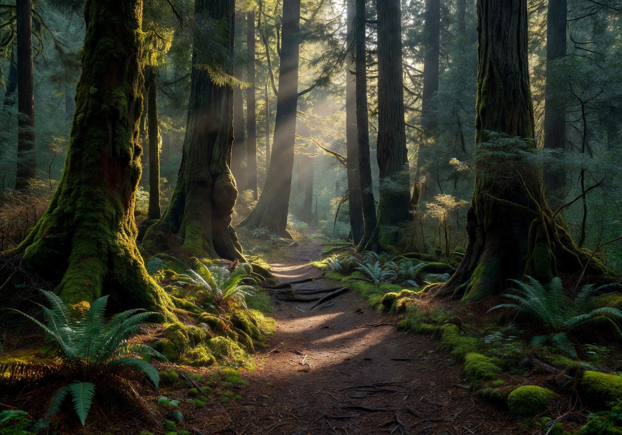 Old-growth forest trail with tall mossy trees and filtered light