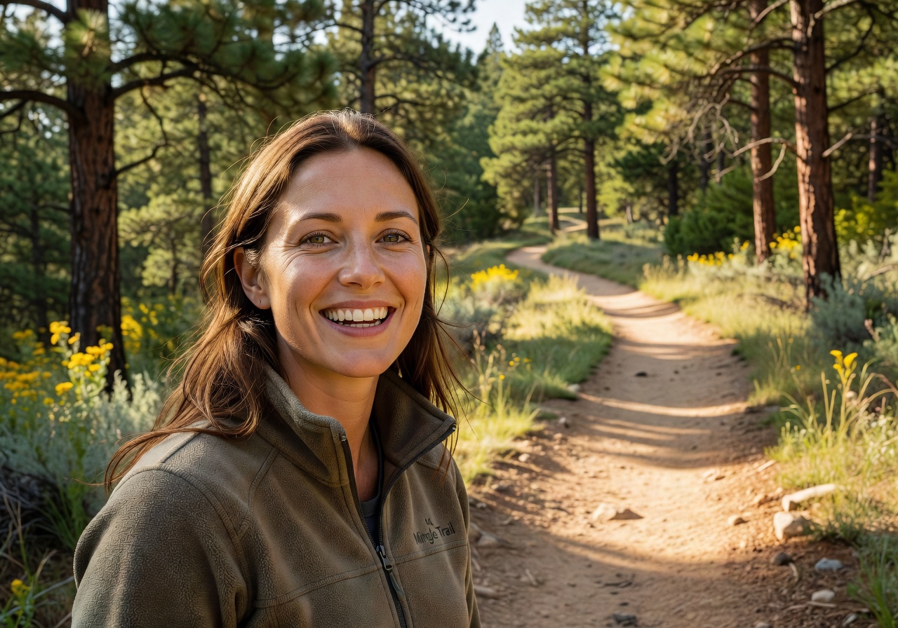 Portrait of June, founder of Mingle Trail, smiling outdoors