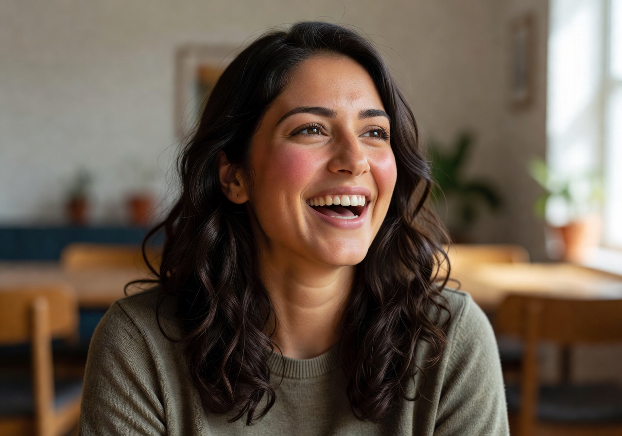 Portrait of Sana, community lead, laughing in soft natural light