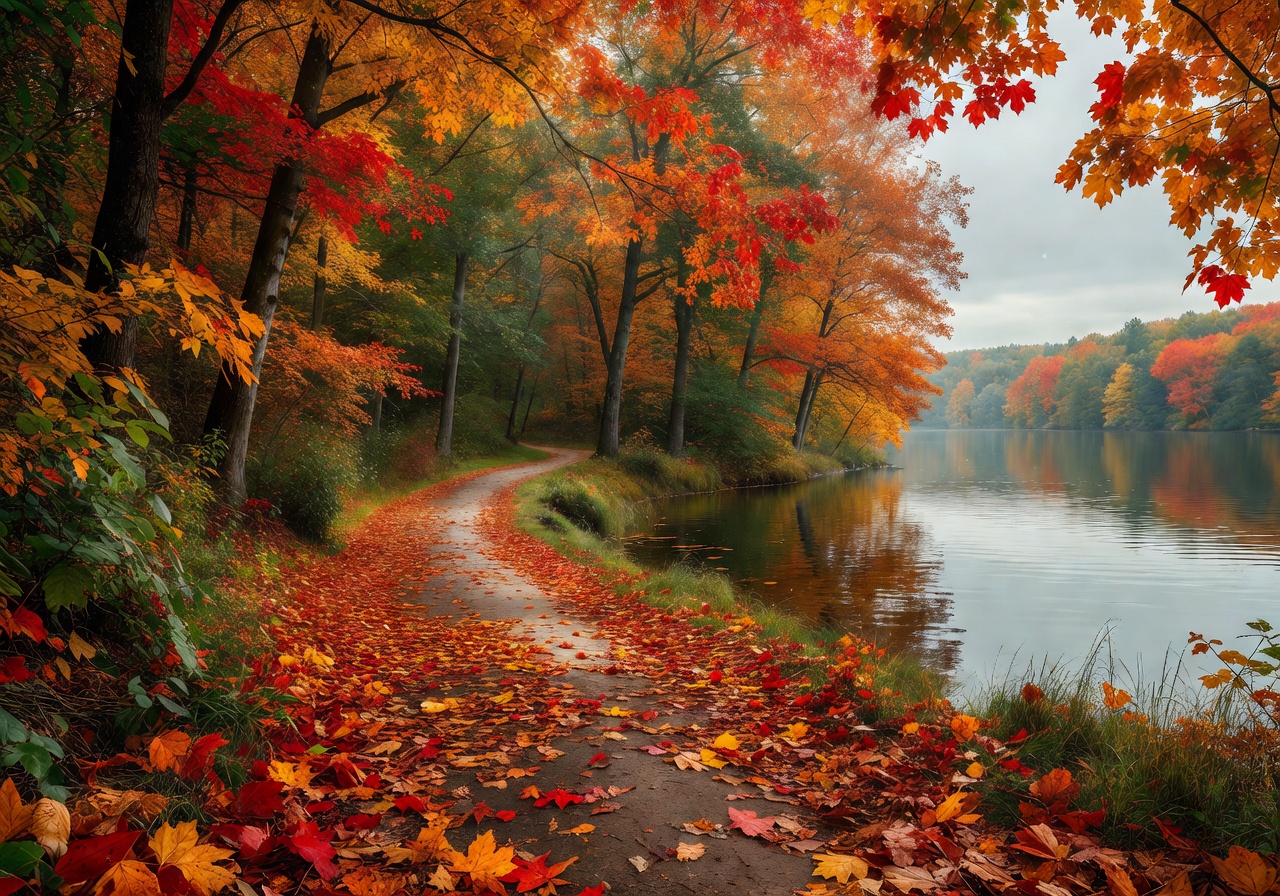 Quiet lakeside path with autumn leaves