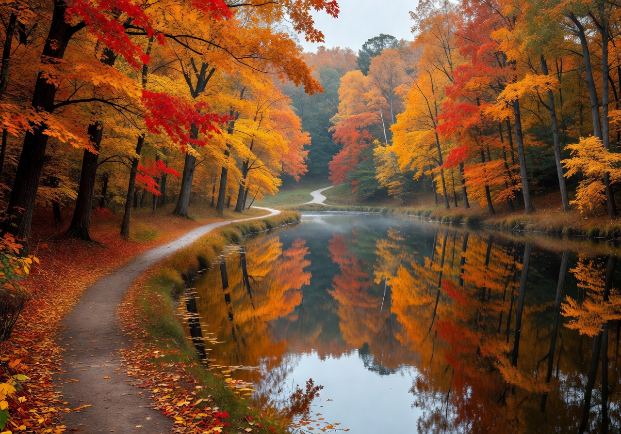 Quiet river path with autumn trees reflected in still water