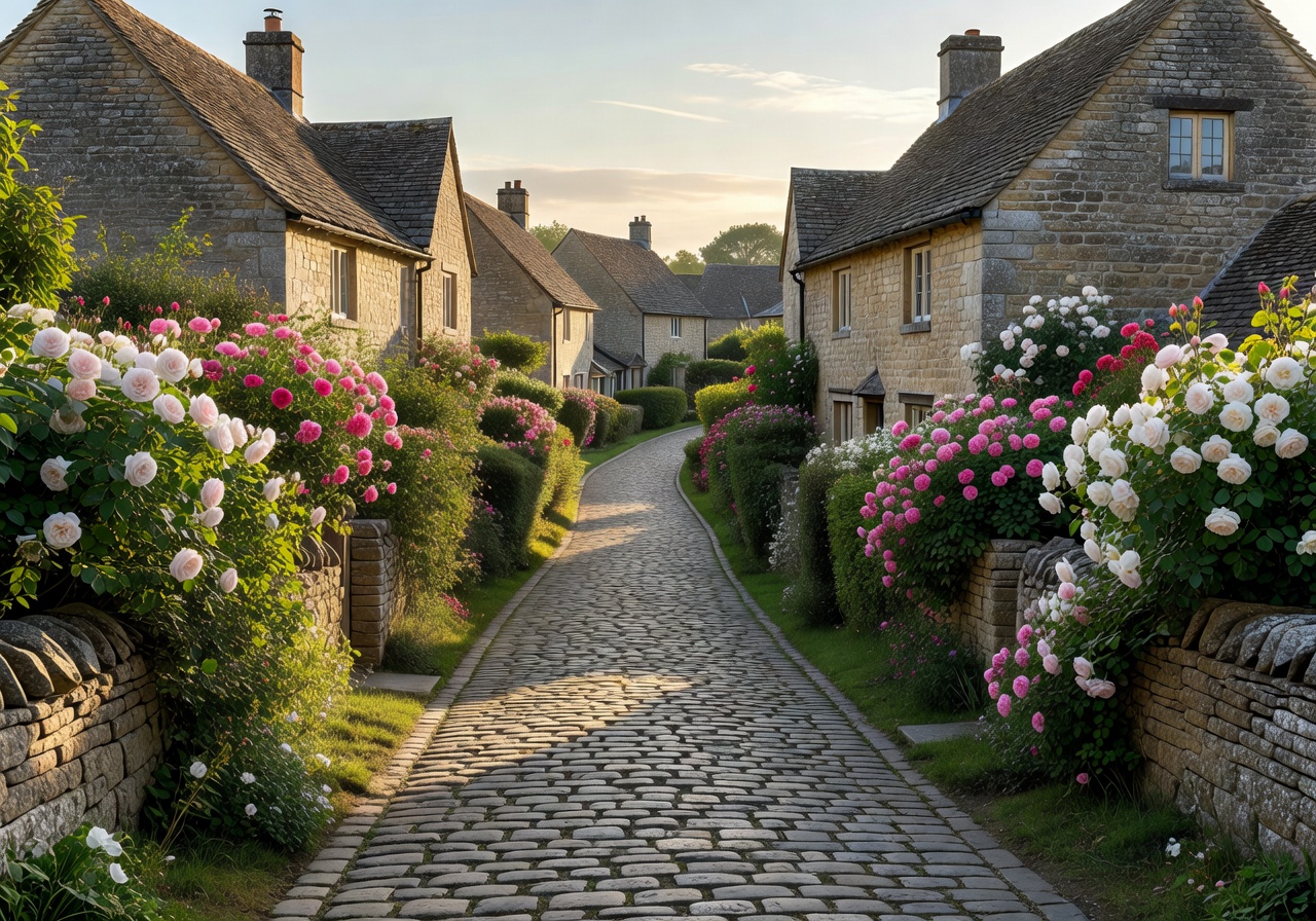 Quiet village lane with stone cottages and flowering hedges