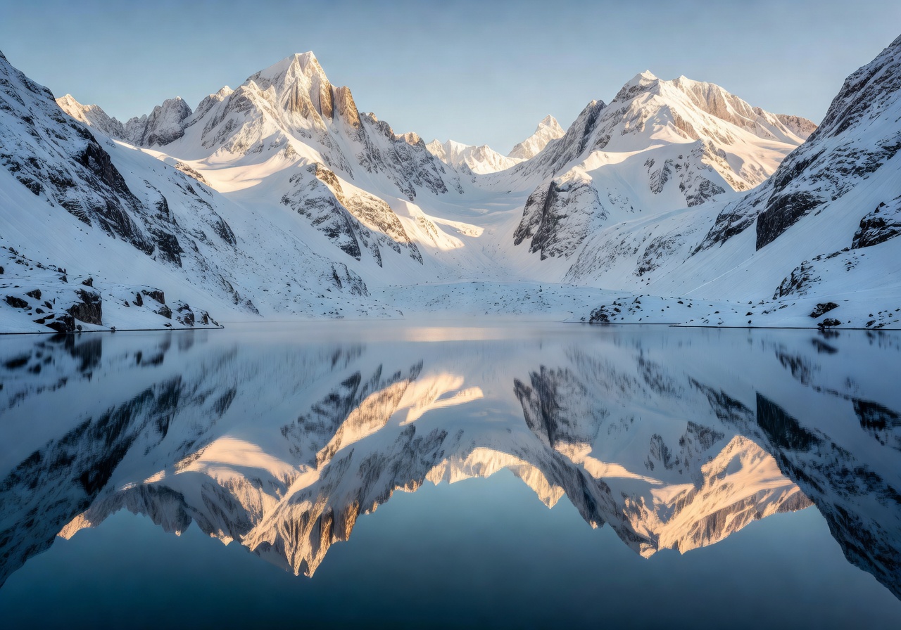 Snowy mountain peaks reflected in a still alpine lake