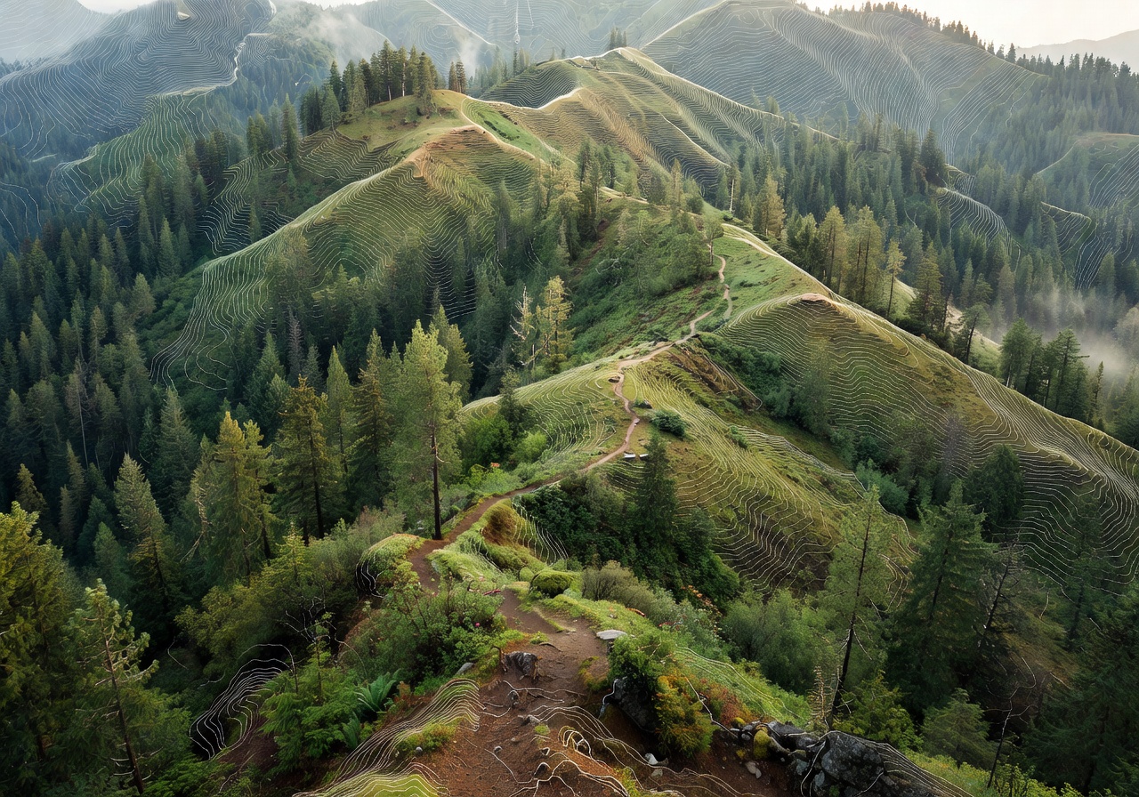 Stylized topographic map view of forested trail region in the Pacific Northwest