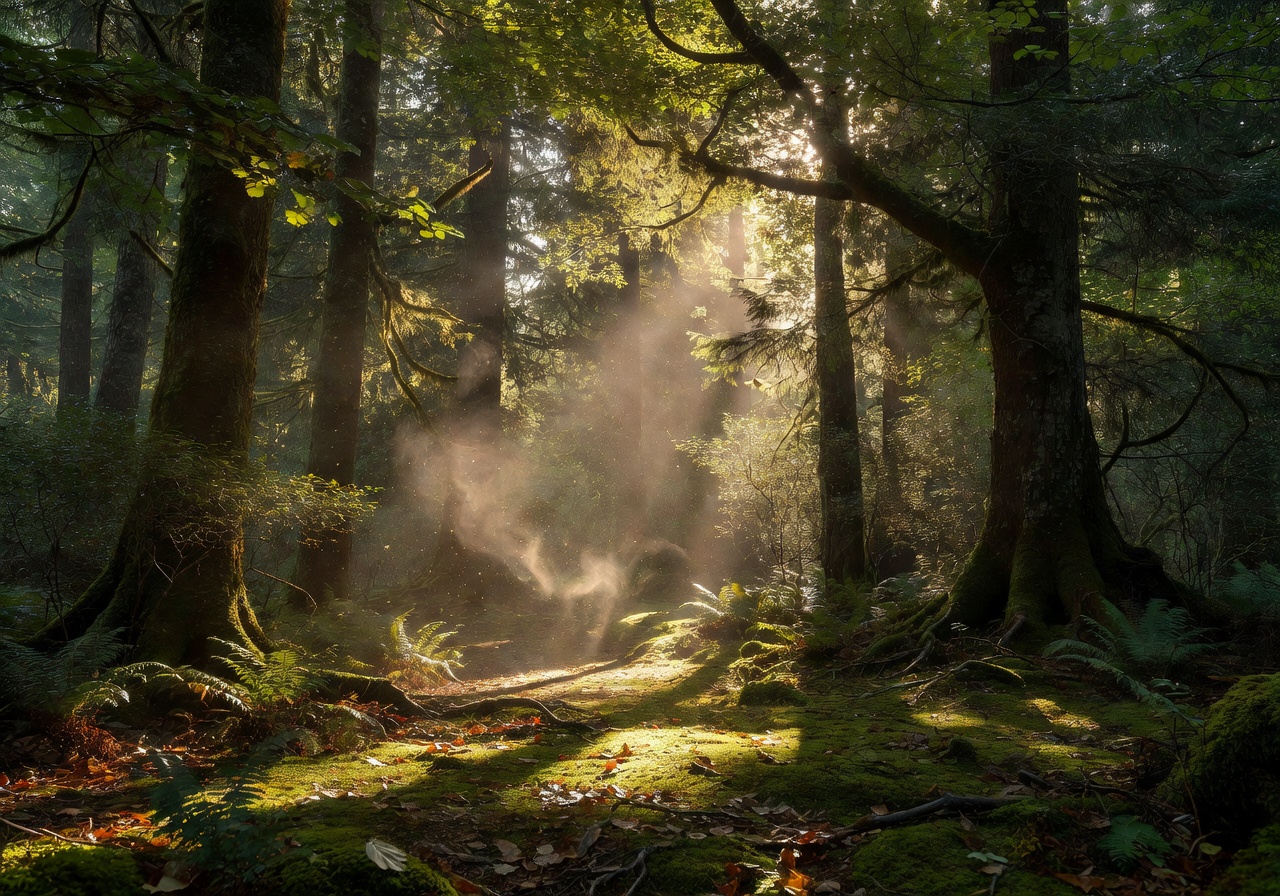 Sunlight filtering through dense forest canopy