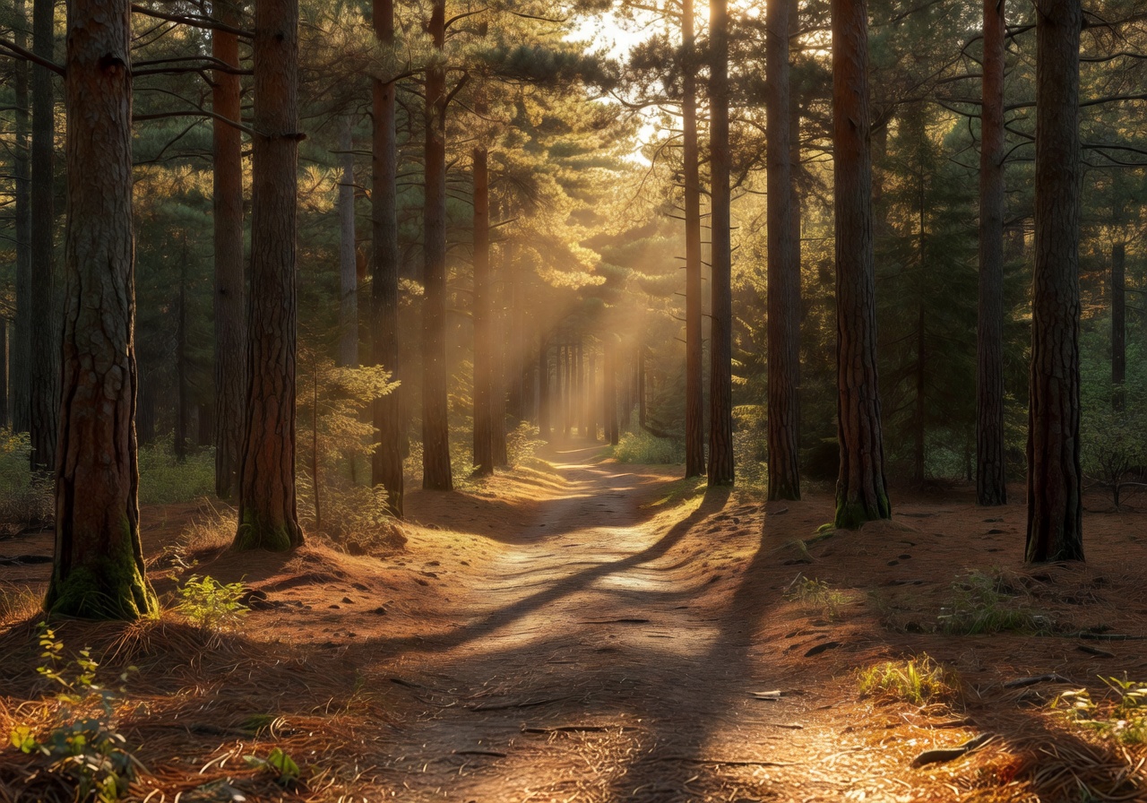 Sunlit forest path with tall pine trees and golden light