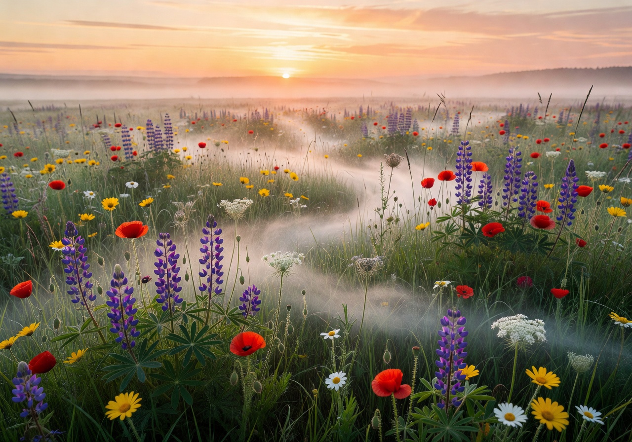 Sunrise over a meadow with low mist and wildflowers