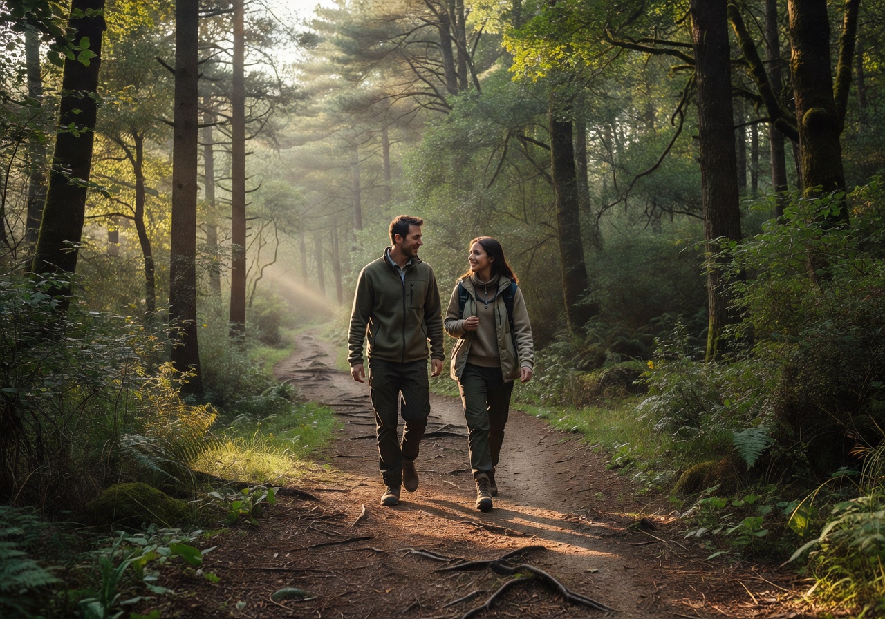 Two friends walking together on a forest trail in soft morning light